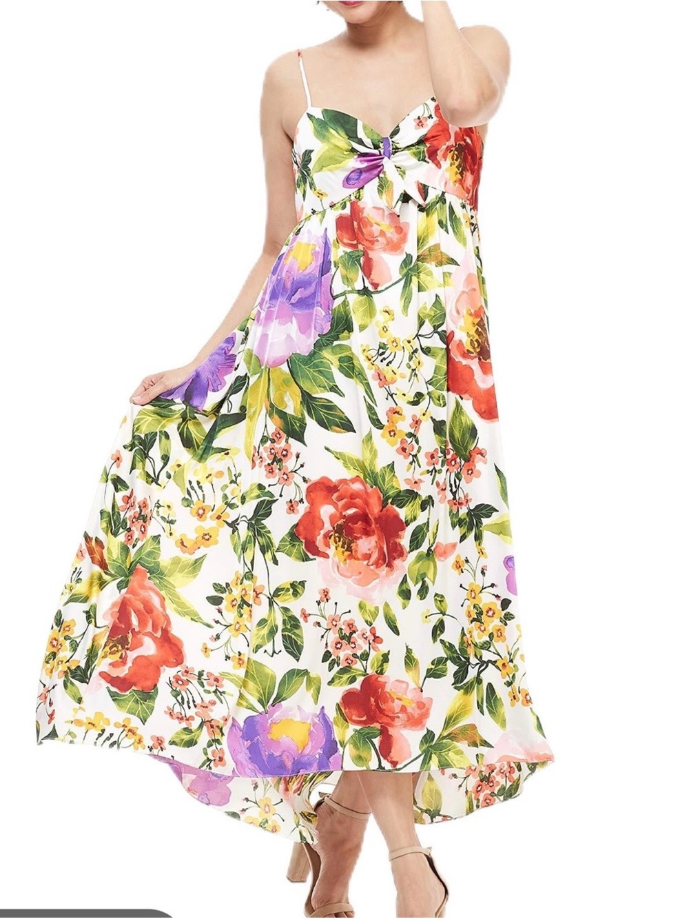 London Times White Floral Spaghetti-Strap Maxi Dress